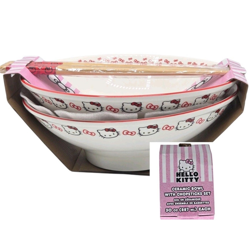 Hello Kitty By Sanrio Set of 2 Ceramic Ramen Noodle‎ Bowl with Chopsticks 30oz